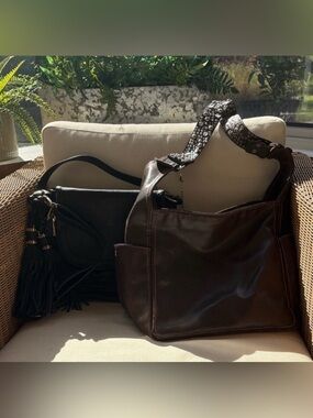 Classic Brown Leather Tote Bag with Studded Strap + tassel crossbody bag